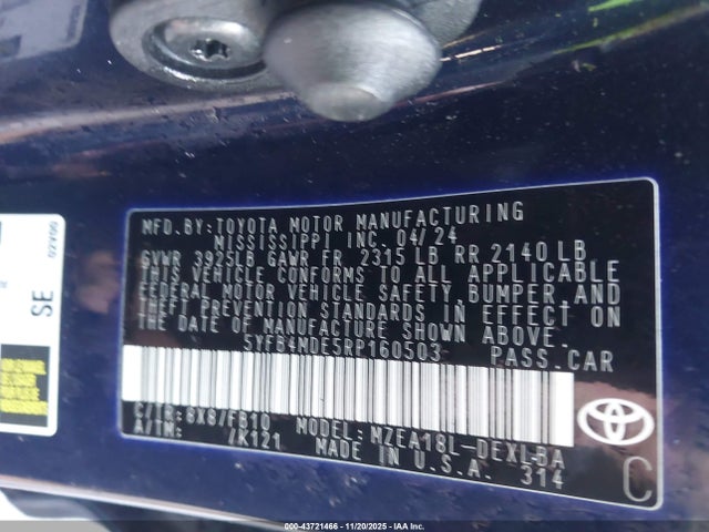 Aukcja sprzedaży 2024 Toyota Corolla Le, vin: 5YFB4MDE5RP160503, numer aukcji: 43721466