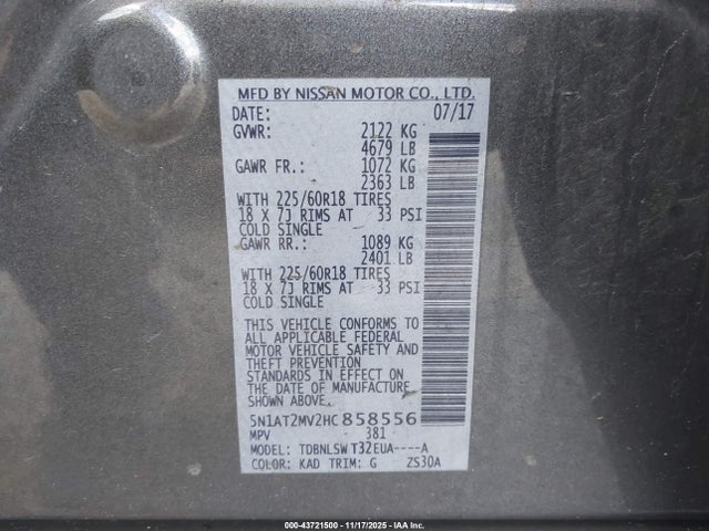 Aukcja sprzedaży 2017 Nissan Rogue Sl, vin: 5N1AT2MV2HC858556, numer aukcji: 43721500