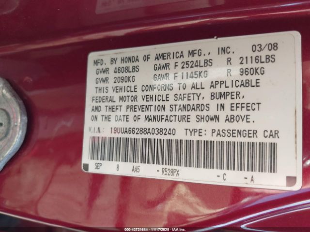 2008 ACURA TL 19UUA66288A038240 Photo 8