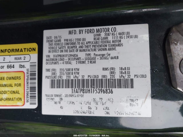 43721725 :رقم المزاد ، 1FATP8UH1F5396836 vin ، 2015 Ford Mustang Ecoboost Premium مزاد بيع