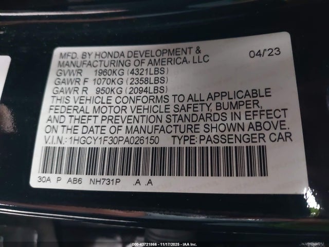 1HGCY1F30PA026150 Honda ACCORD EX