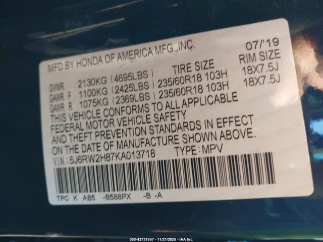 5J6RW2H87KA013718 Honda Cr-v Ex-l