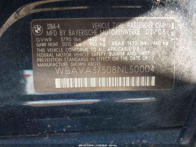 Продаж на аукціоні авто 2008 Bmw 328i, vin: WBAVA37508NL50004, номер лоту: 43721915