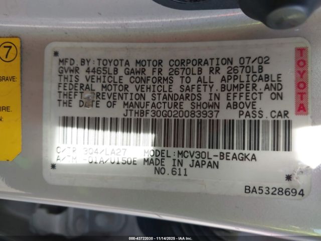 2002 LEXUS ES 300 JTHBF30G020083937 Photo 8