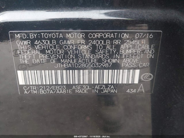 Aukcja sprzedaży 2016 Lexus Is 200t, vin: JTHBA1D28G5032987, numer aukcji: 43722087