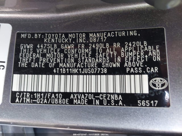 43722147 :رقم المزاد ، 4T1B11HK1JU507738 vin ، 2018 Toyota Camry Le مزاد بيع