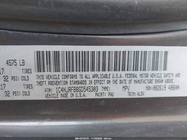 Aukcja sprzedaży 2016 Jeep Patriot High Altitude Edition, vin: 1C4NJRFB8GD545303, numer aukcji: 43722151
