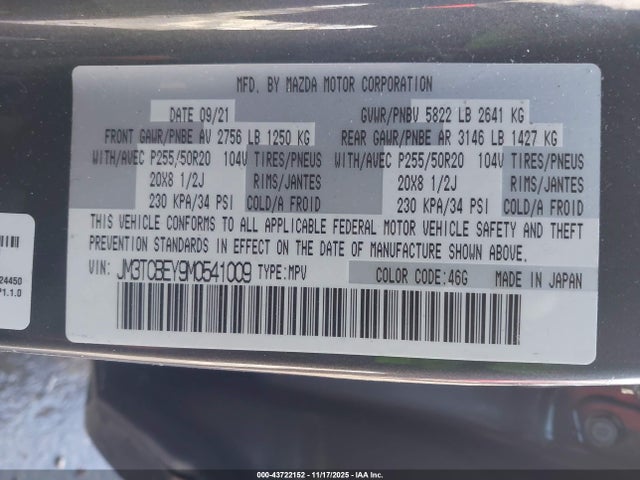 2021 Mazda Cx-9 Signature მანქანა იყიდება აუქციონზე, vin: JM3TCBEY9M0541009, აუქციონის ნომერი: 43722152