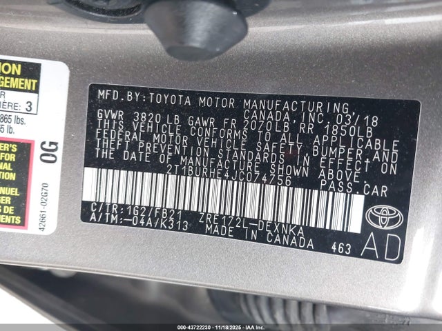 Aukcja sprzedaży 2018 Toyota Corolla Le, vin: 2T1BURHE4JC074756, numer aukcji: 43722230