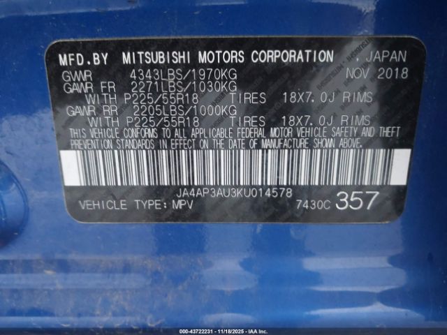 2019 MITSUBISHI OUTLANDER SPORT JA4AP3AU3KU014578 Photo 8