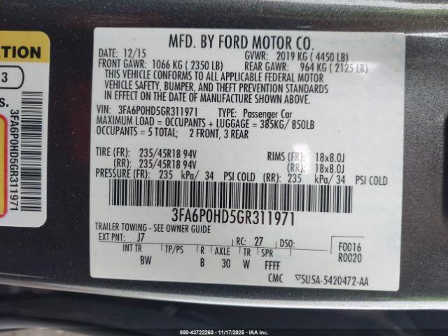 2016 FORD FUSION 3FA6P0HD5GR311971 Photo 8