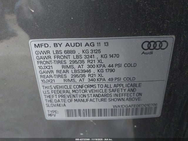 Продаж на аукціоні авто 2014 Audi Q7 3.0t S Line Prestige, vin: WA1DGAFE0ED010706, номер лоту: 43722369