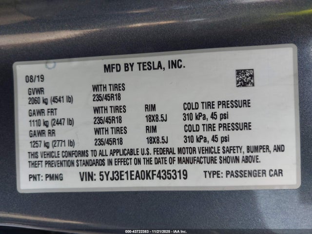 2019 TESLA MODEL 3 5YJ3E1EA0KF435319 Photo 8