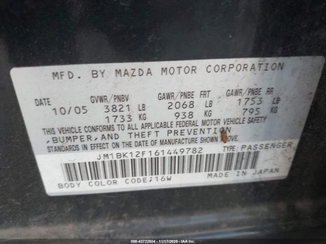 2006 MAZDA MAZDA3 JM1BK12F161449782 Photo 8