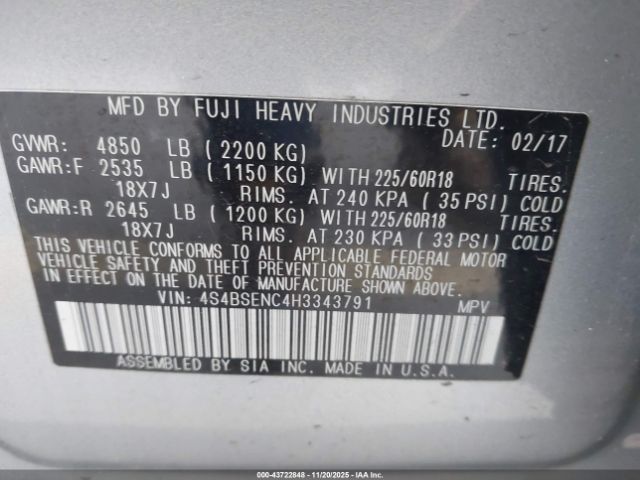 2017 SUBARU OUTBACK 4S4BSENC4H3343791 Photo 8