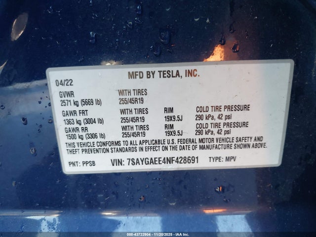 Aukcja sprzedaży 2022 Tesla Model Y Long Range Dual Motor All-wheel Drive, vin: 7SAYGAEE4NF428691, numer aukcji: 43722904
