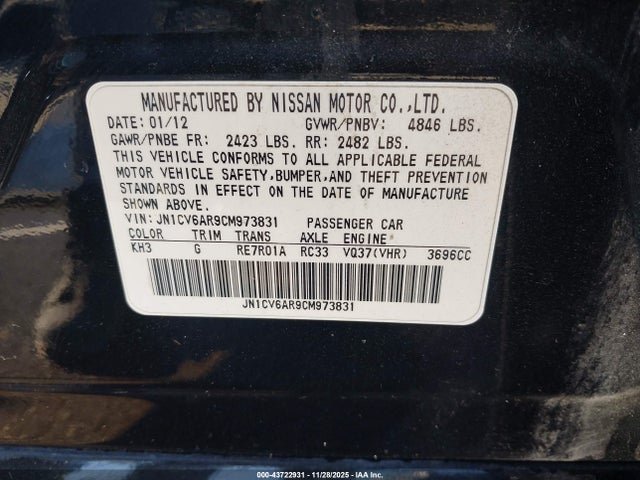 2012 Infiniti G37x მანქანა იყიდება აუქციონზე, vin: JN1CV6AR9CM973831, აუქციონის ნომერი: 43722931