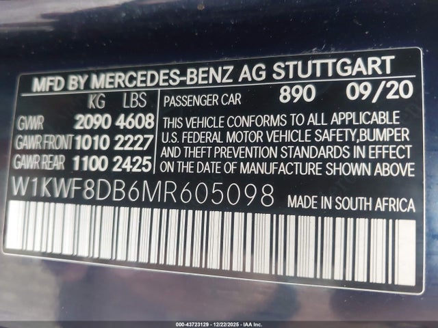 Aukcja sprzedaży 2021 Mercedes-benz C 300 Sedan, vin: W1KWF8DB6MR605098, numer aukcji: 43723129