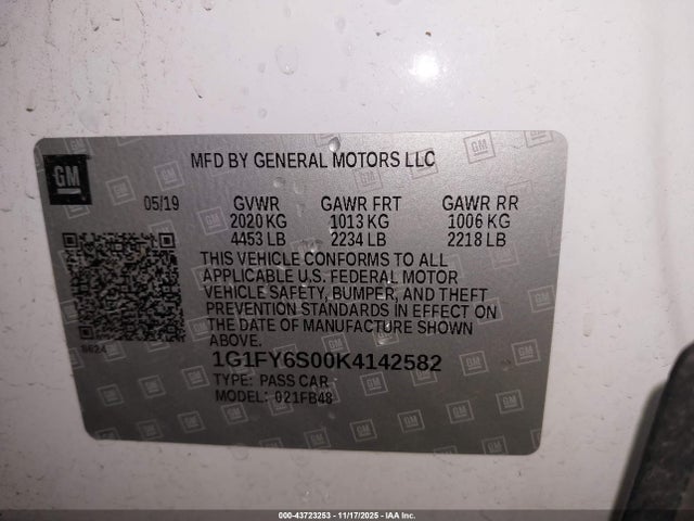 1G1FY6S00K4142582 Chevrolet BOLT EV LT