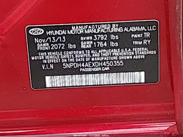Продажа на аукционе авто 2013 Hyundai Elantra Limited, vin: 5NPDH4AEXDH450355, номер лота: 43723501