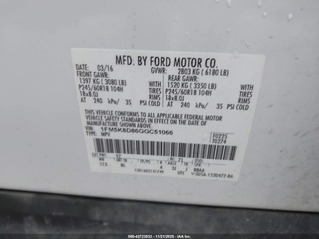 2016 FORD EXPLORER 1FM5K8D86GGC51066 Photo 8