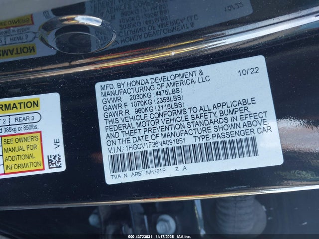 43723631 :رقم المزاد ، 1HGCV1F36NA091851 vin ، 2022 Honda Accord Sport مزاد بيع
