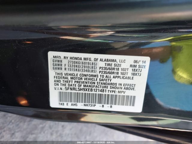 2014 HONDA ODYSSEY 5FNRL5H9XEB121481 Photo 8