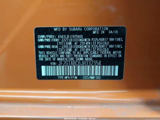 Subaru Crosstrek 2.0i Premium 2018 JF2GTABC6JH332354 Image 9