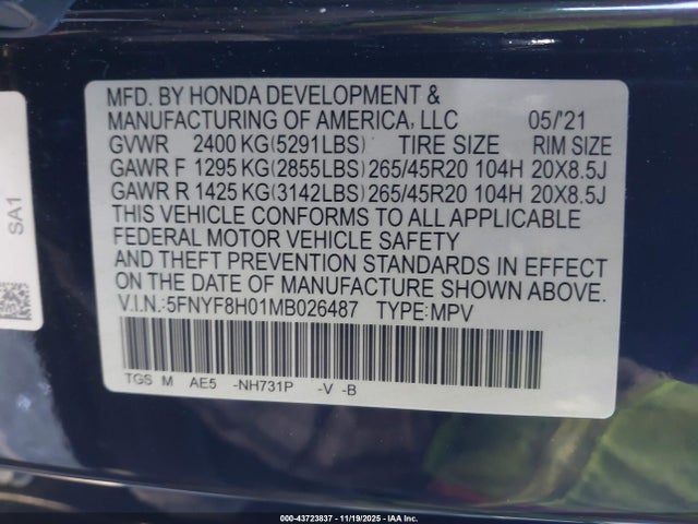 Honda Passport Awd Elite 2021 5FNYF8H01MB026487 Image 9