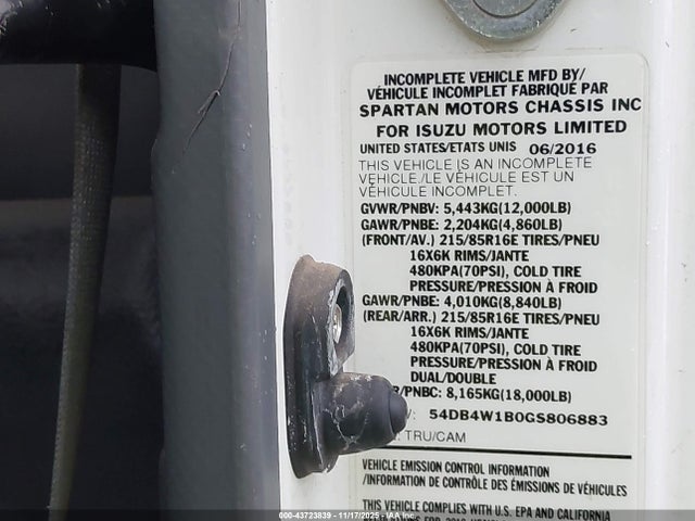 Aukcja sprzedaży 2016 Isuzu Npr Gas Reg, vin: 54DB4W1B0GS806883, numer aukcji: 43723839