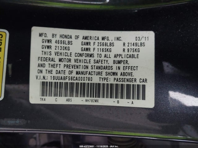 43723851 :رقم المزاد ، 19UUA8F56CA000780 vin ، 2012 Acura Tl Tech Auto مزاد بيع