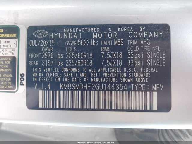 Продажа на аукционе авто 2016 Hyundai Santa Fe Se, vin: KM8SMDHF2GU144354, номер лота: 43723955