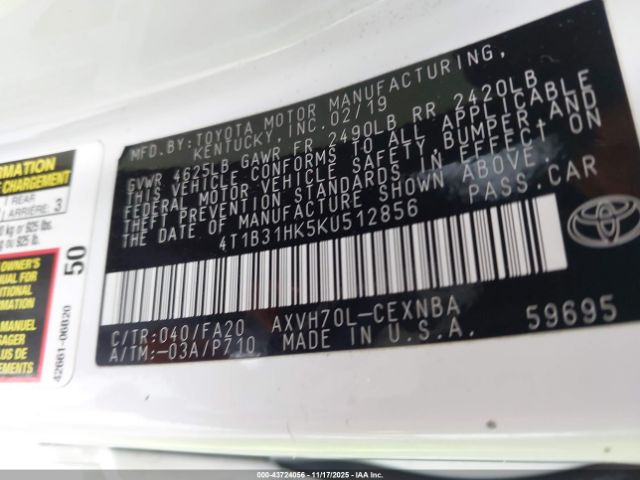 2019 TOYOTA CAMRY HYBRID 4T1B31HK5KU512856 Photo 8