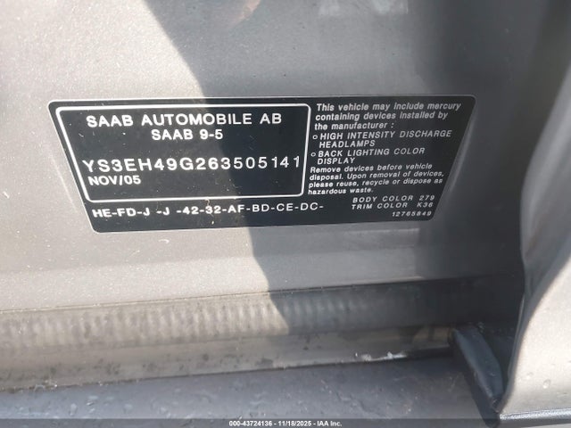 Продаж на аукціоні авто 2006 Saab 9-5 2.3t Sport, vin: YS3EH49G263505141, номер лоту: 43724136