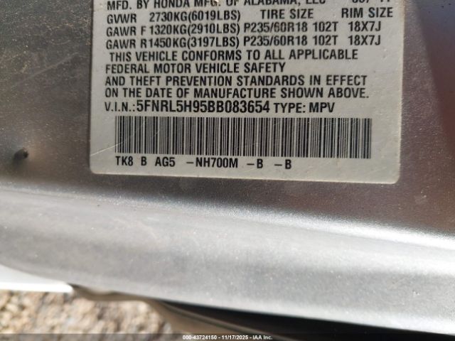 2011 HONDA ODYSSEY 5FNRL5H95BB083654 Photo 8