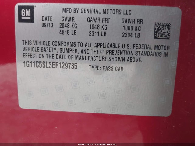 Chevrolet MALIBU 1LT 2014 1G11C5SL3EF129735 Image 9