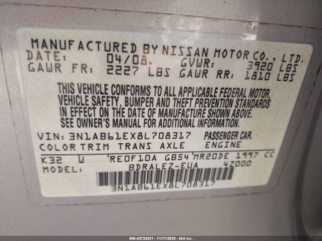 2008 NISSAN SENTRA 3N1AB61EX8L708317 Photo 8
