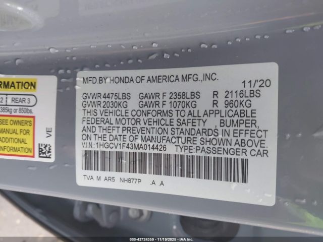 2021 HONDA ACCORD 1HGCV1F43MA014426 Photo 8