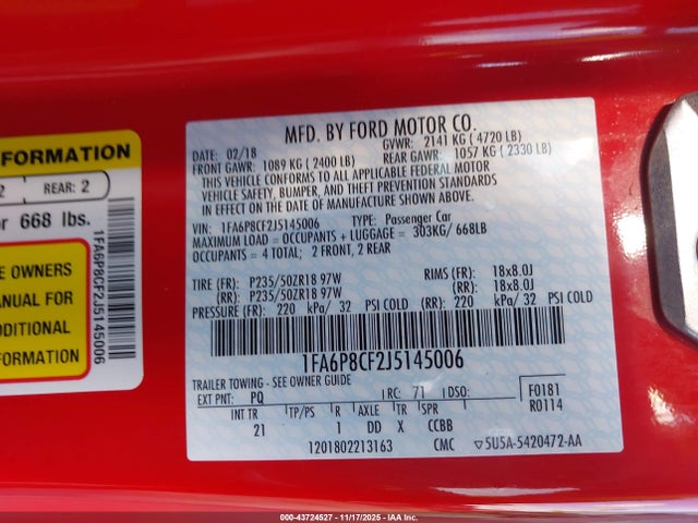 2018 FORD MUSTANG 1FA6P8CF2J5145006 Photo 8