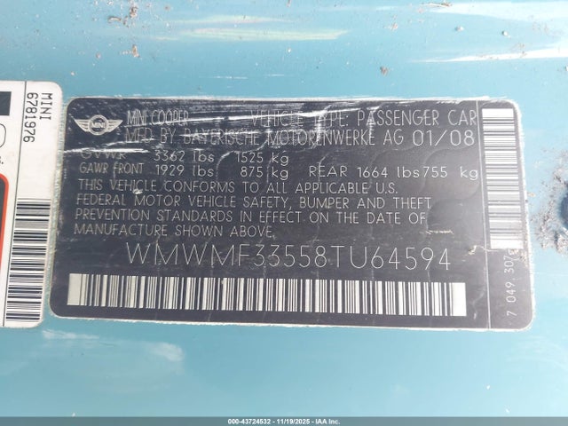 2008 MINI COOPER WMWMF33558TU64594 Photo 8
