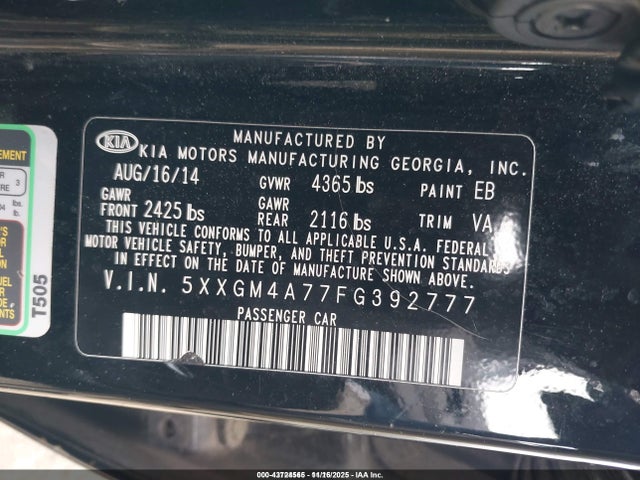 43724565 :رقم المزاد ، 5XXGM4A77FG392777 vin ، 2015 Kia Optima Lx مزاد بيع