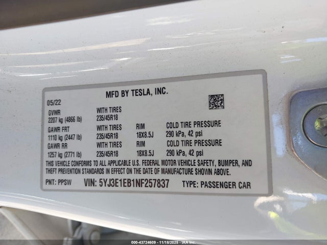 2022 TESLA MODEL 3 5YJ3E1EB1NF257837 Photo 8