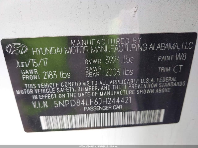 5NPD84LF6JH244421 Hyundai ELANTRA SEL