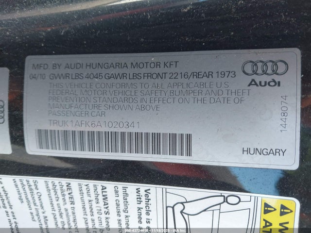 Aukcja sprzedaży 2010 Audi Tts 2.0t Premium, vin: TRUK1AFK6A1020341, numer aukcji: 43724616