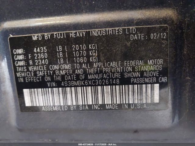 2012 SUBARU LEGACY 4S3BMBK6XC3026148 Photo 8