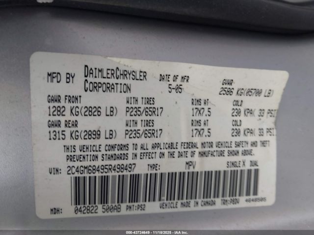 2005 CHRYSLER PACIFICA 2C4GM68495R498497 Photo 8