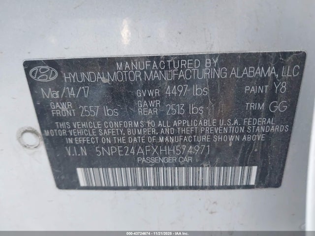 5NPE24AFXHH574971 Hyundai SONATA SE