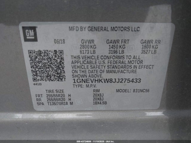1GNEVHKW8JJ275433 Chevrolet Traverse 3lt