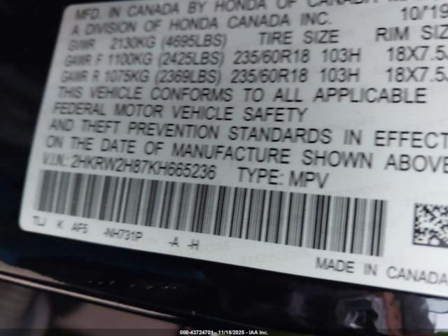 2019 HONDA CR-V 2HKRW2H87KH665236 Photo 8