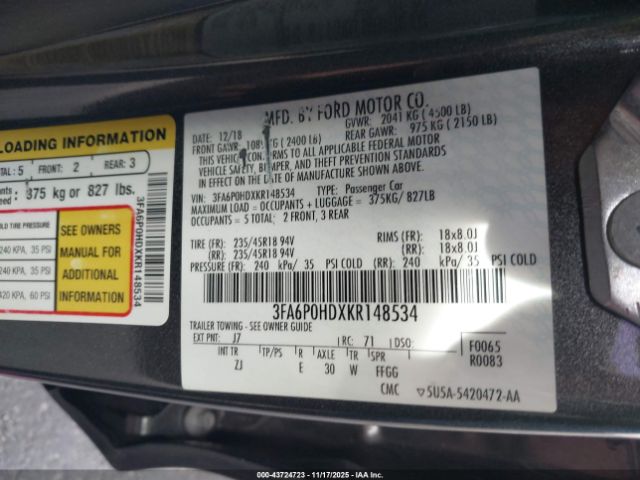 2019 FORD FUSION 3FA6P0HDXKR148534 Photo 8